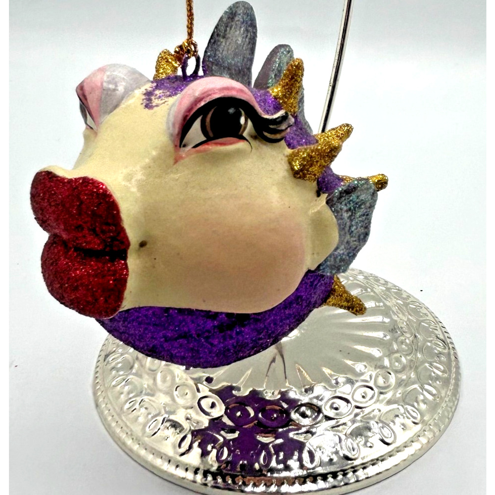 Vtg Katherines Collection Puffer Kissing Fish Ornament Pink Purple Red Lips Disc